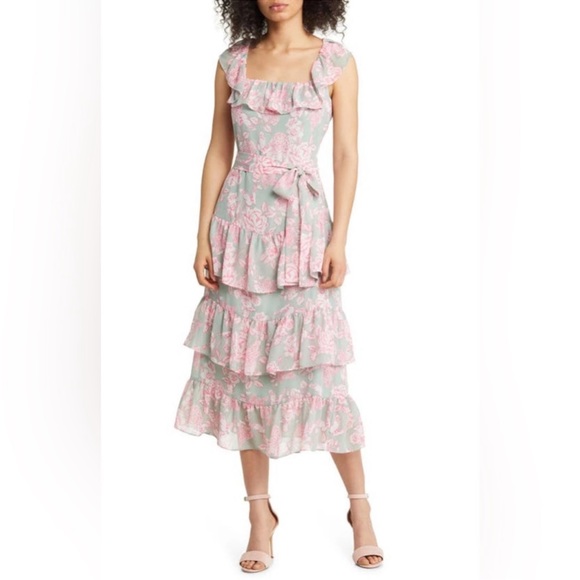Eliza J | Dresses | Eliza J Mint Pink Floral Print Tiered Tie ...